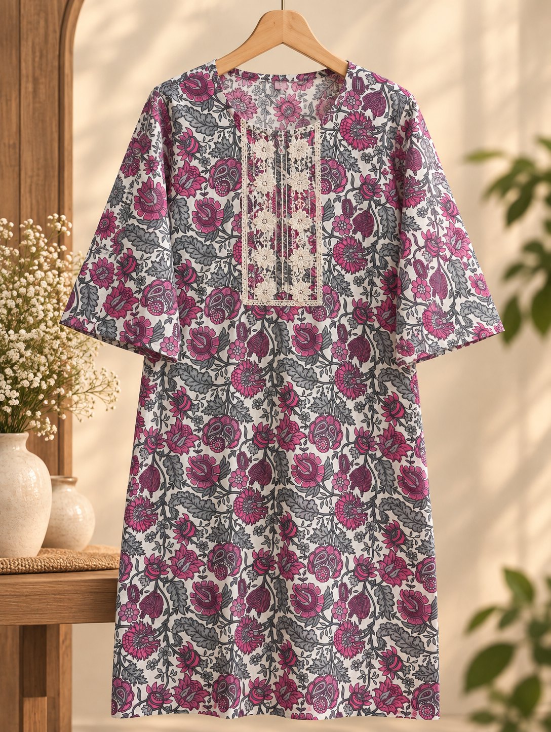 Saanjh Grey & Mauve Floral Print Embroidered Kurta Set by Theaoura