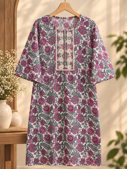 Saanjh Grey & Mauve Floral Print Embroidered Kurta Set by Theaoura
