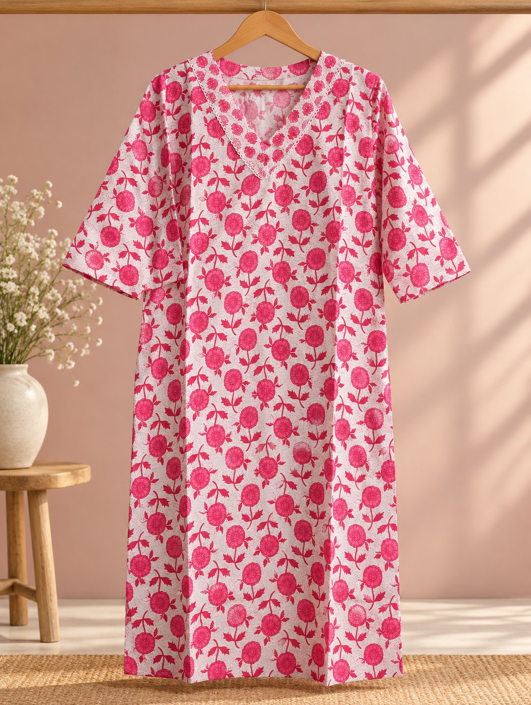 Gulab Rose Pink Floral Print Kurta Set by Theaoura