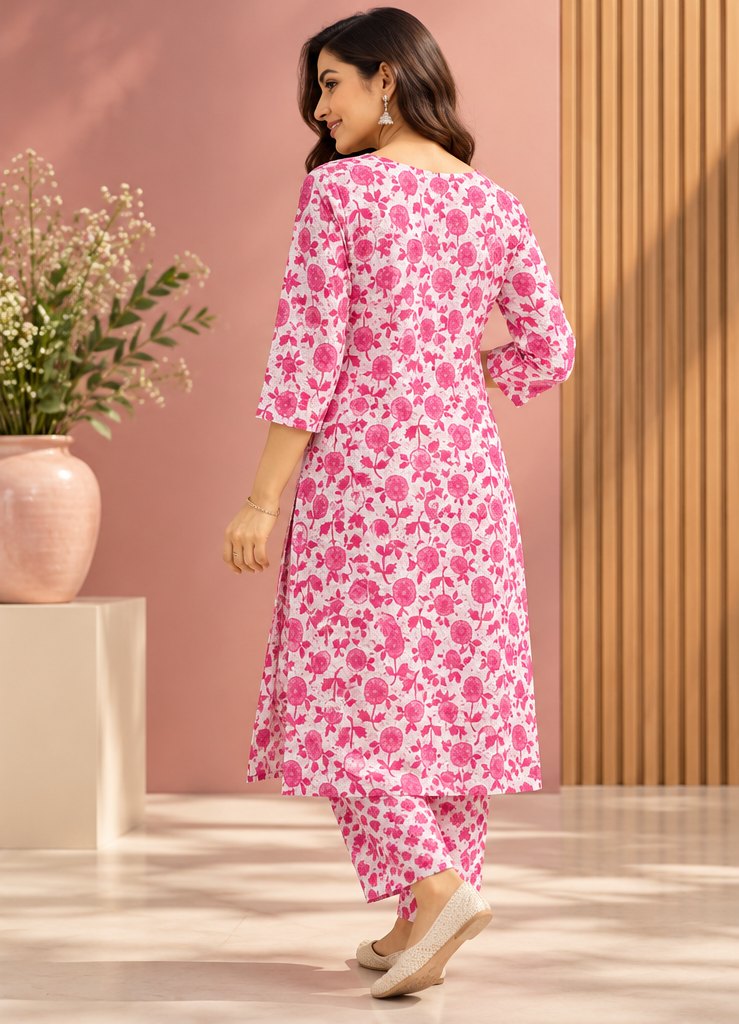 Gulab Rose Pink Floral Print Kurta Set by Theaoura