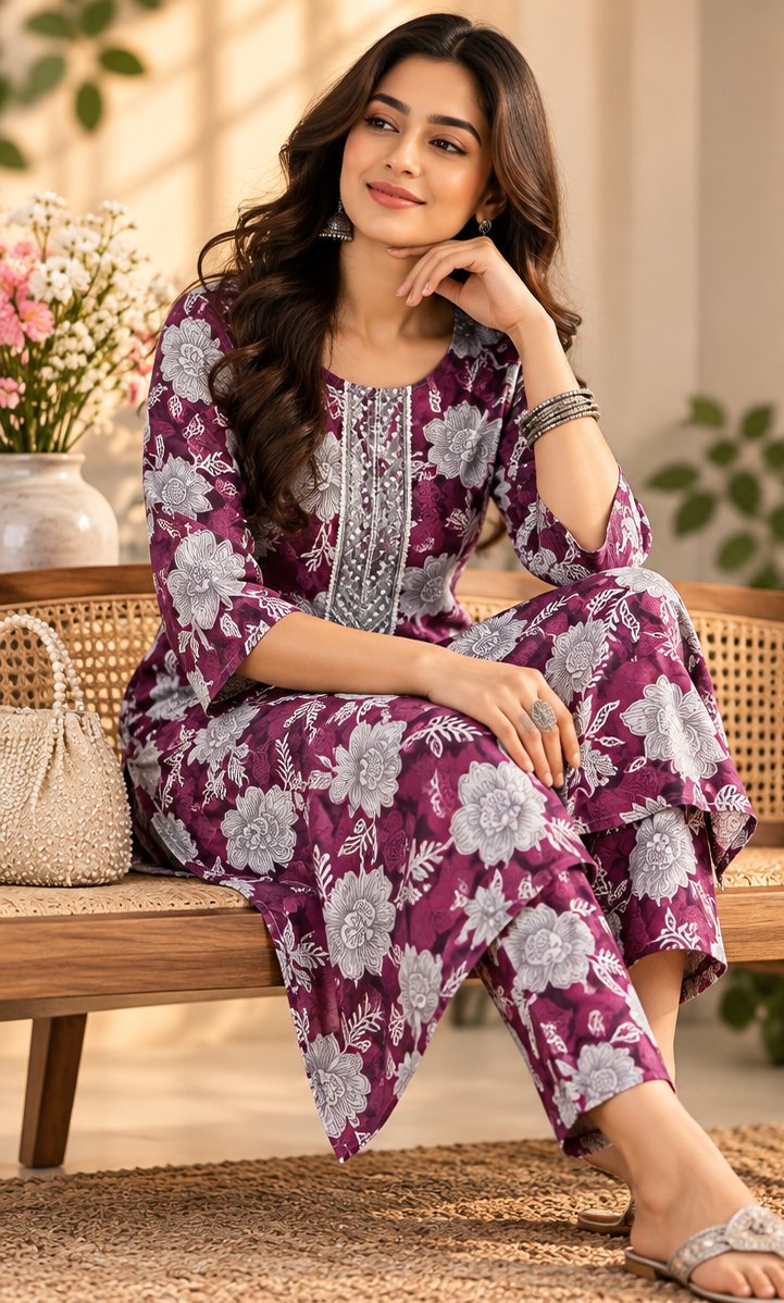 Gulbahar Plum Floral Print Embroidered Kurta Set by Theaoura