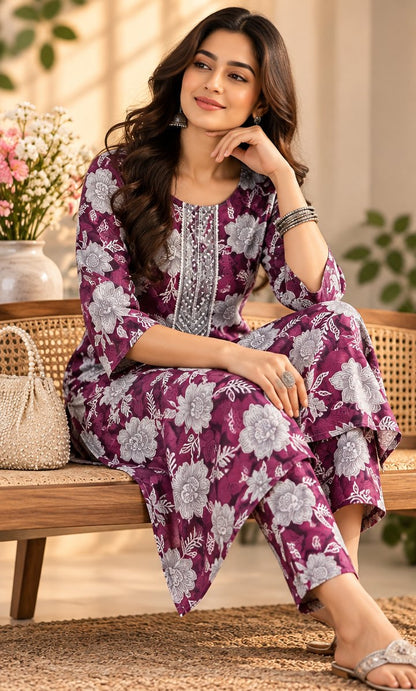 Gulbahar Plum Floral Print Embroidered Kurta Set by Theaoura