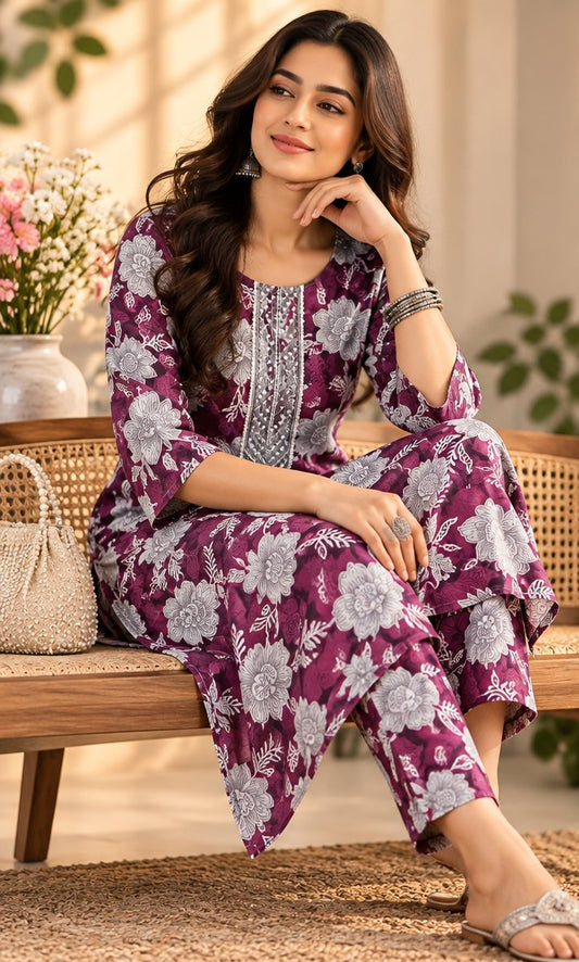 Gulbahar Plum Floral Print Embroidered Kurta Set by Theaoura