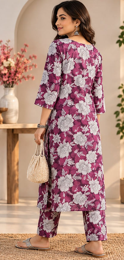 Gulbahar Plum Floral Print Embroidered Kurta Set by Theaoura