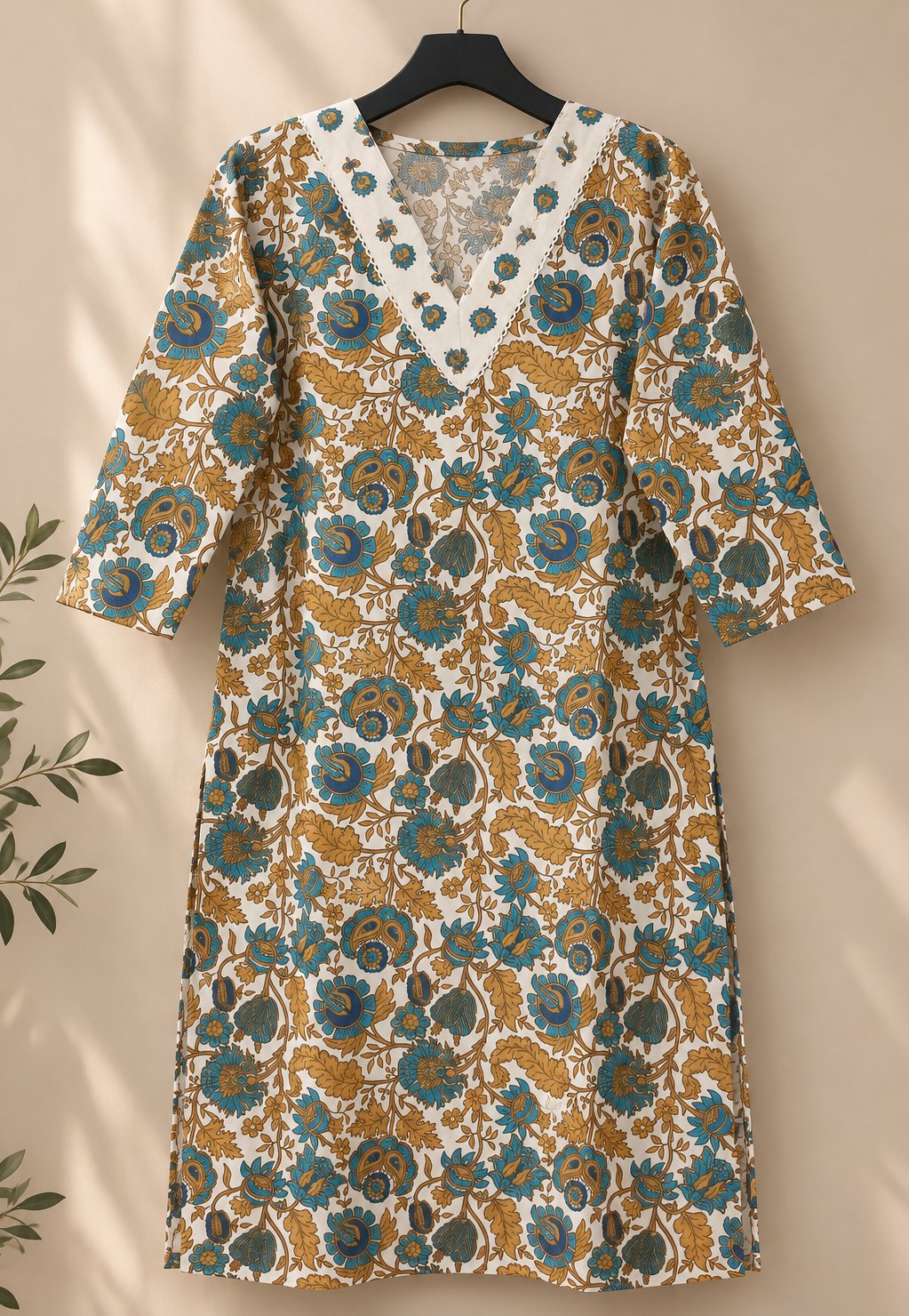 Tara Ivory & Teal Floral Print Kurta Set by Theaoura