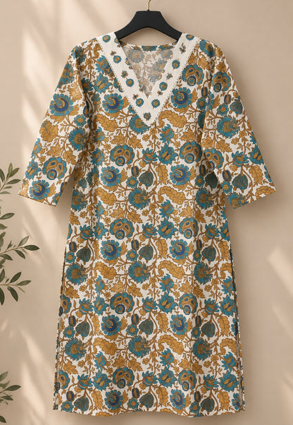 Tara Ivory & Teal Floral Print Kurta Set by Theaoura