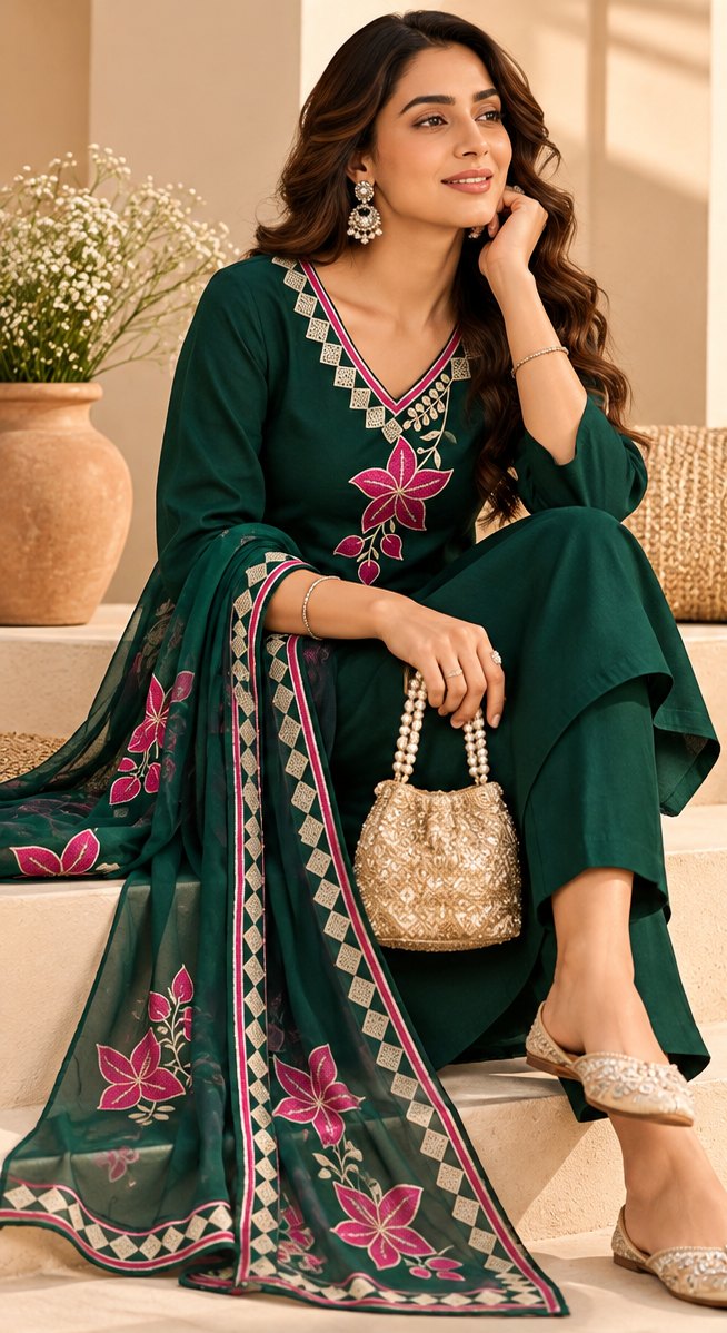 Panna Bottle Green Floral Embroidered Suit Set by Theaoura