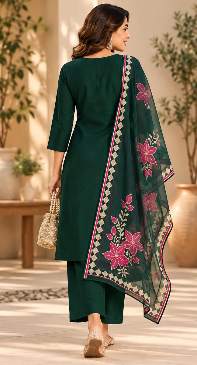 Panna Bottle Green Floral Embroidered Suit Set by Theaoura