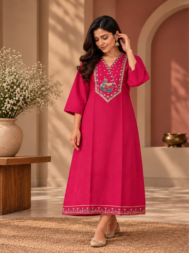 Hamsa Fuchsia Pink Swan Embroidered Kurta by Theaoura