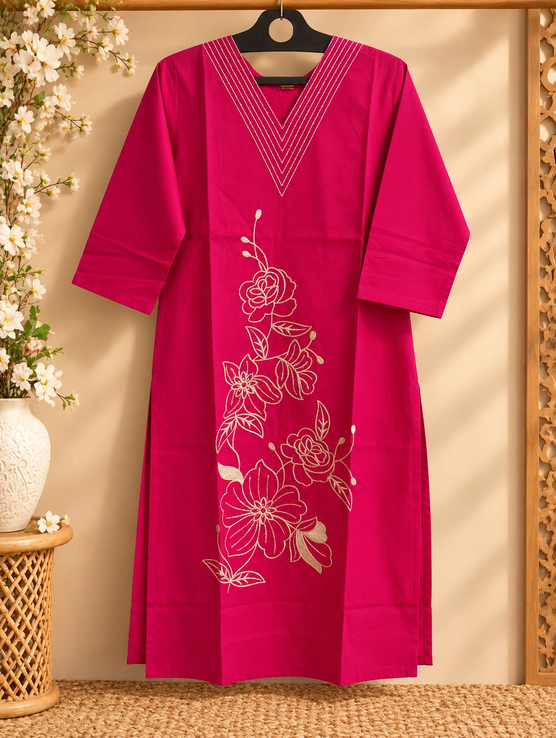 Gulabi Rani Pink Floral Embroidered Suit Set by Theaoura