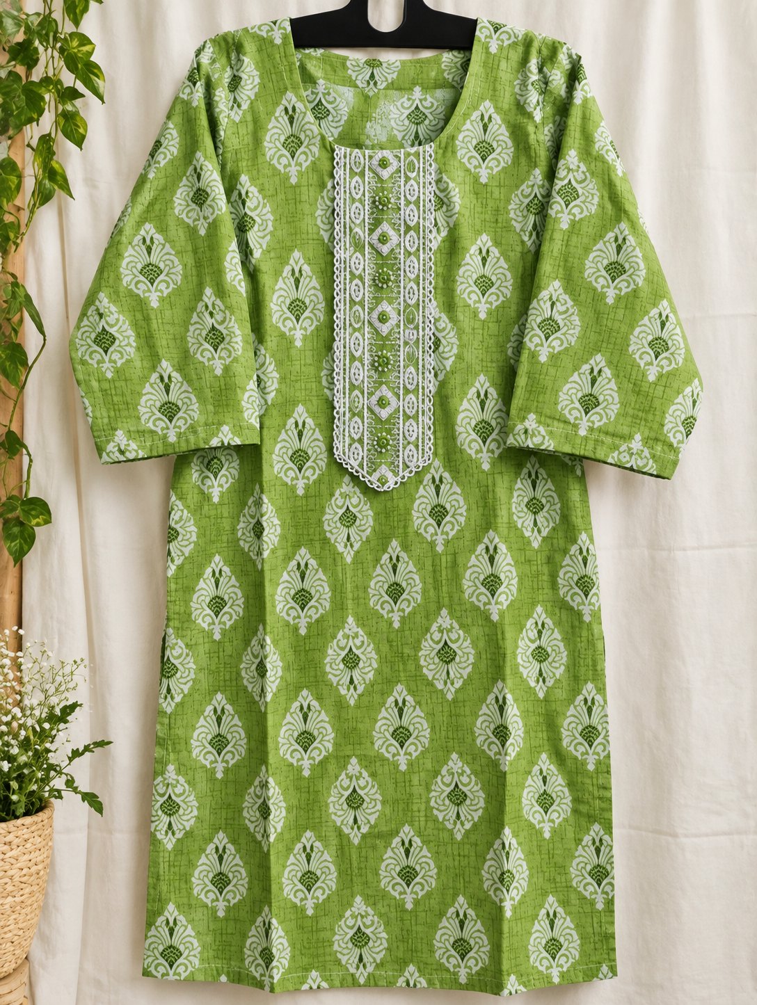 Pista Lime Green Printed Embroidered Kurta Set by Theaoura