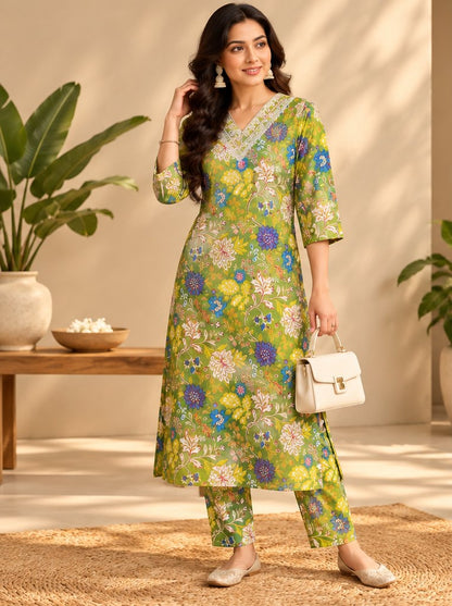 Hariyali Lime Green Floral Print Kurta Set by Theaoura