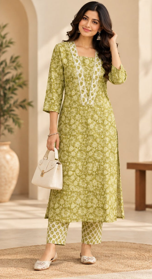 Saunf Olive Green Floral Print Kurta Set by Theaoura