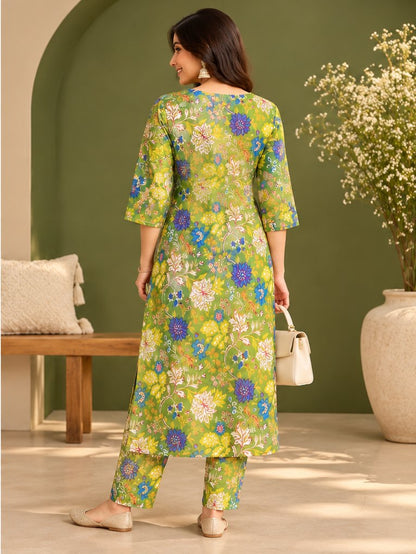 Hariyali Lime Green Floral Print Kurta Set by Theaoura