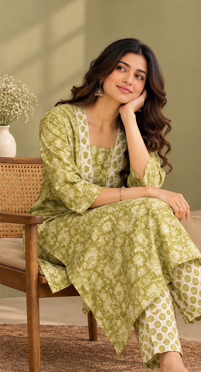 Saunf Olive Green Floral Print Kurta Set by Theaoura
