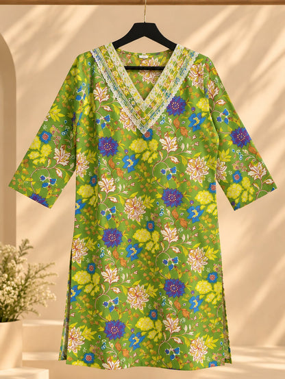 Hariyali Lime Green Floral Print Kurta Set by Theaoura