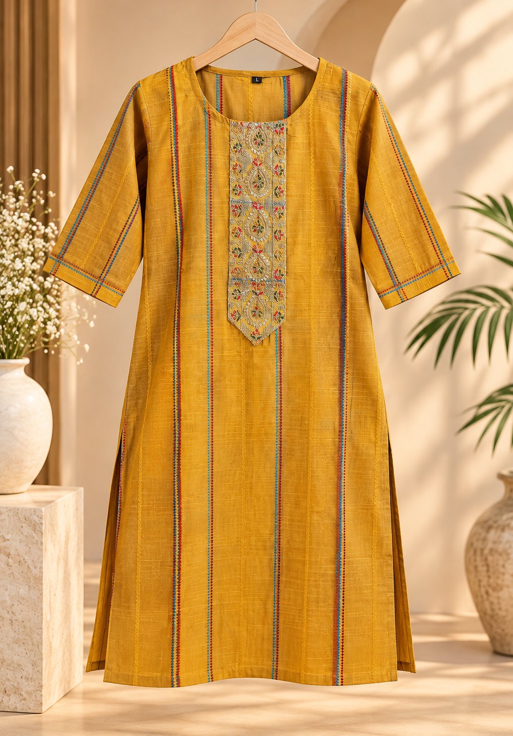 Haldi Mustard Striped Embroidered Kurta by Theaoura