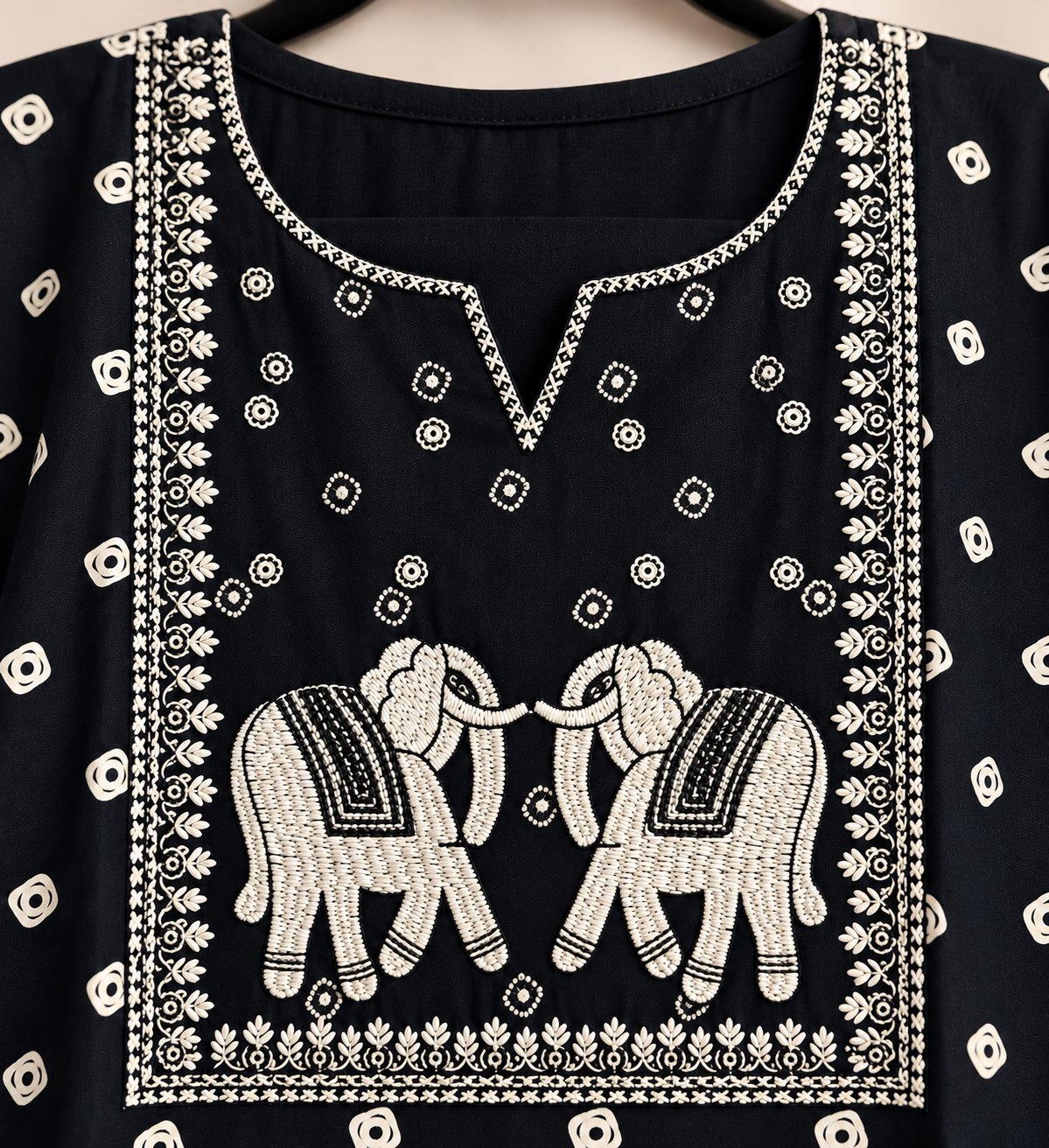 Gajraj Black Elephant Embroidered Kurta by Theaoura