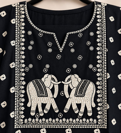 Gajraj Black Elephant Embroidered Kurta by Theaoura