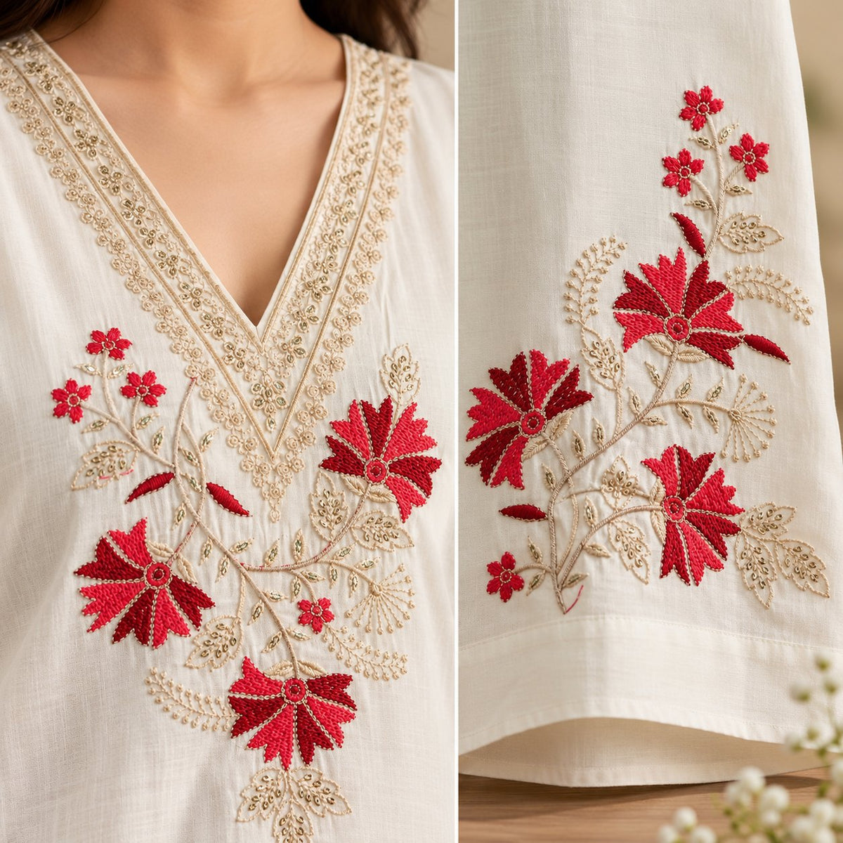 Shwet Ivory Floral Embroidered Suit Set by Theaoura