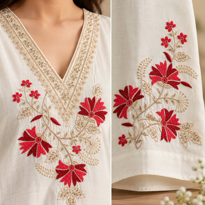 Shwet Ivory Floral Embroidered Suit Set by Theaoura