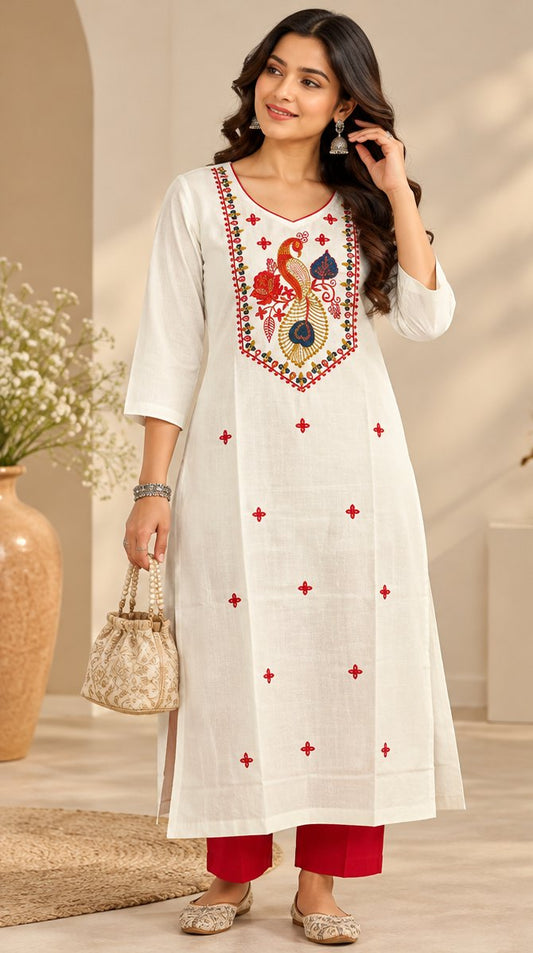 Shubhra White Peacock Embroidered Kurta by Theaoura