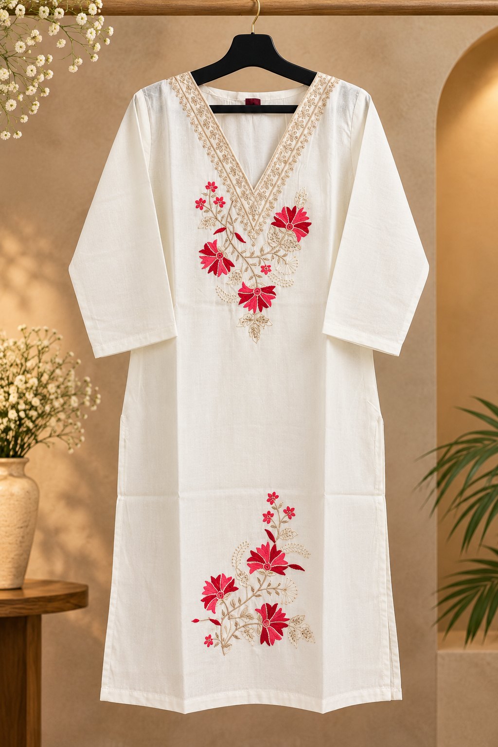 Shwet Ivory Floral Embroidered Suit Set by Theaoura