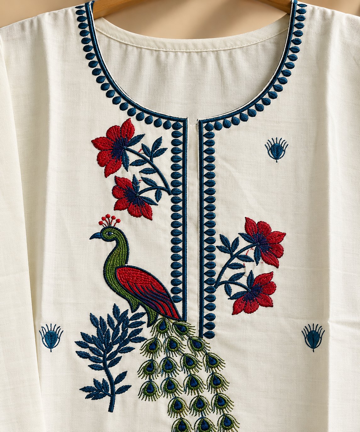 Mayuri White Peacock Embroidered Kurta by Theaoura