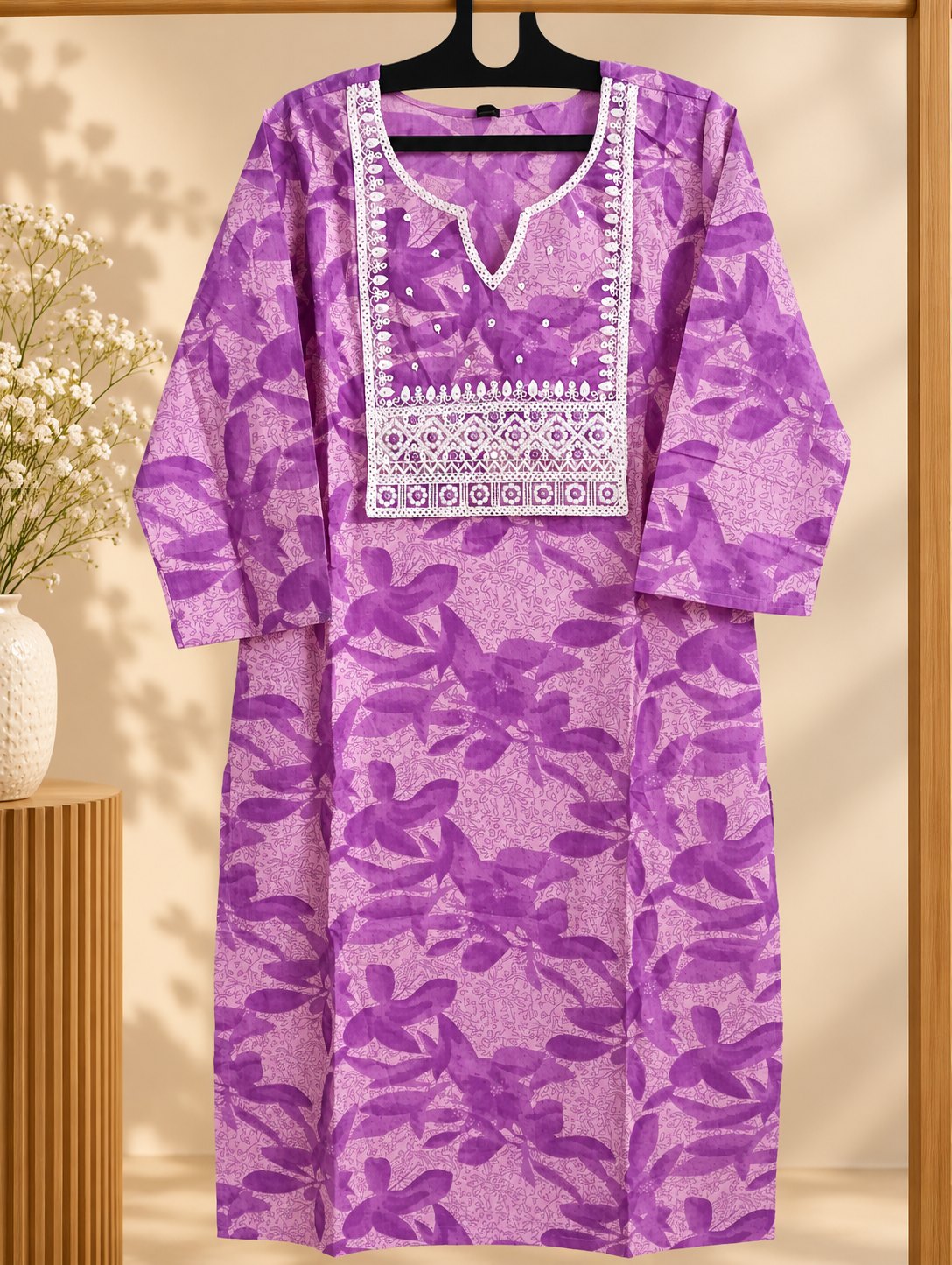 Kurinji Lavender Printed Embroidered Kurta Set with Dupatta by Theaoura
