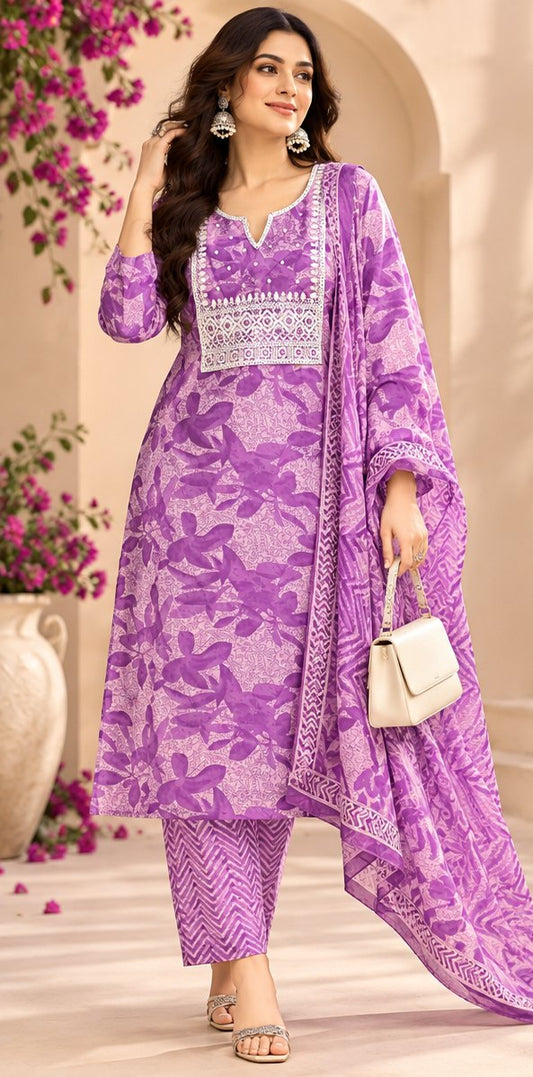 Kurinji Lavender Printed Embroidered Kurta Set with Dupatta by Theaoura