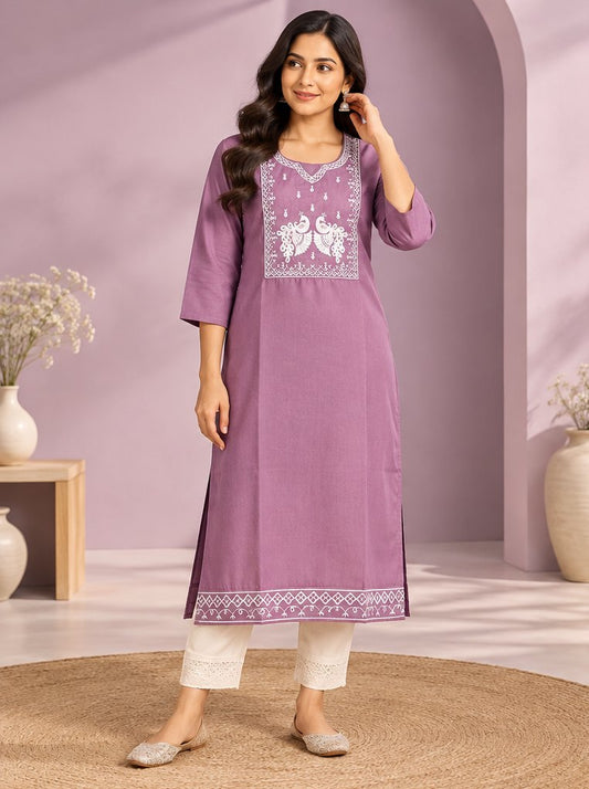 Lavanya Lilac Peacock Embroidered Kurta by Theaoura