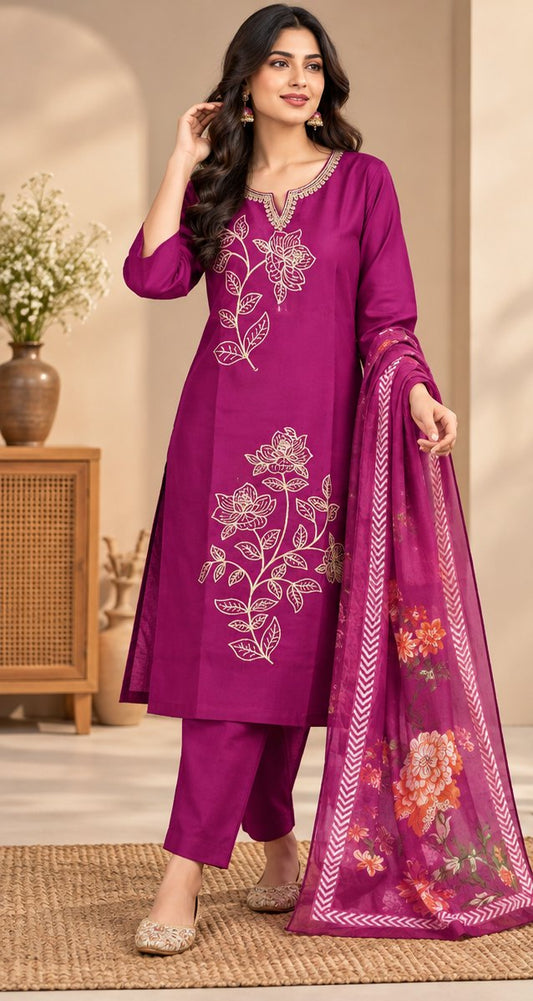 Gulnaz Magenta Floral Embroidered Suit Set by Theaoura