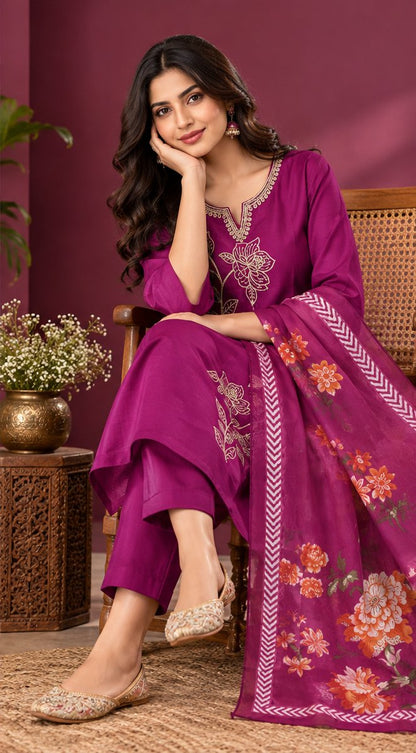 Gulnaz Magenta Floral Embroidered Suit Set by Theaoura