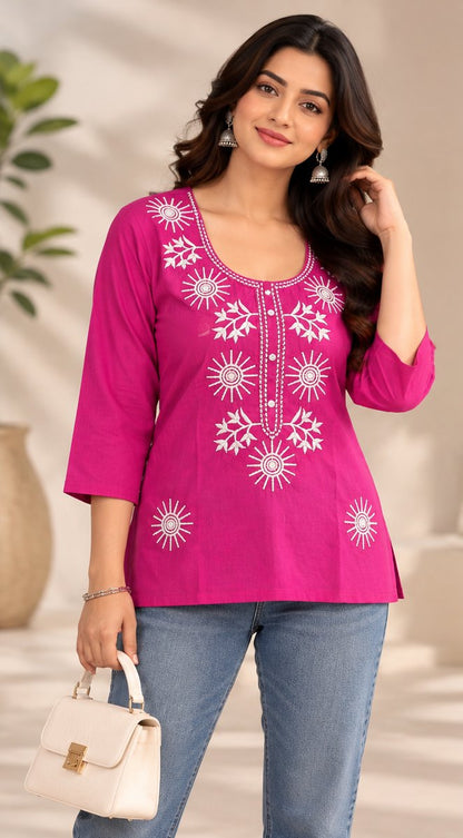 Rani Fuchsia Pink Embroidered Short Kurti by Theaoura
