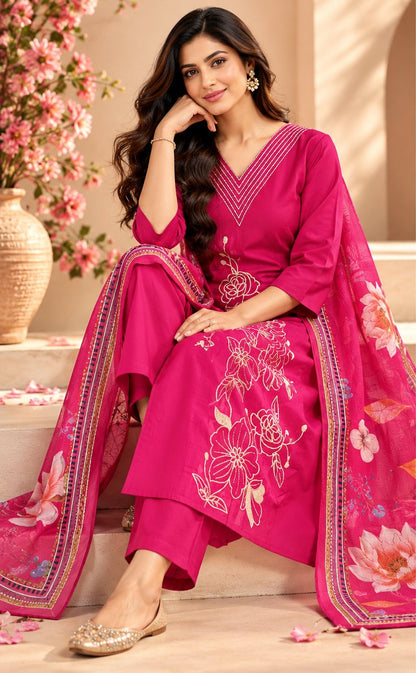 Gulabi Rani Pink Floral Embroidered Suit Set by Theaoura