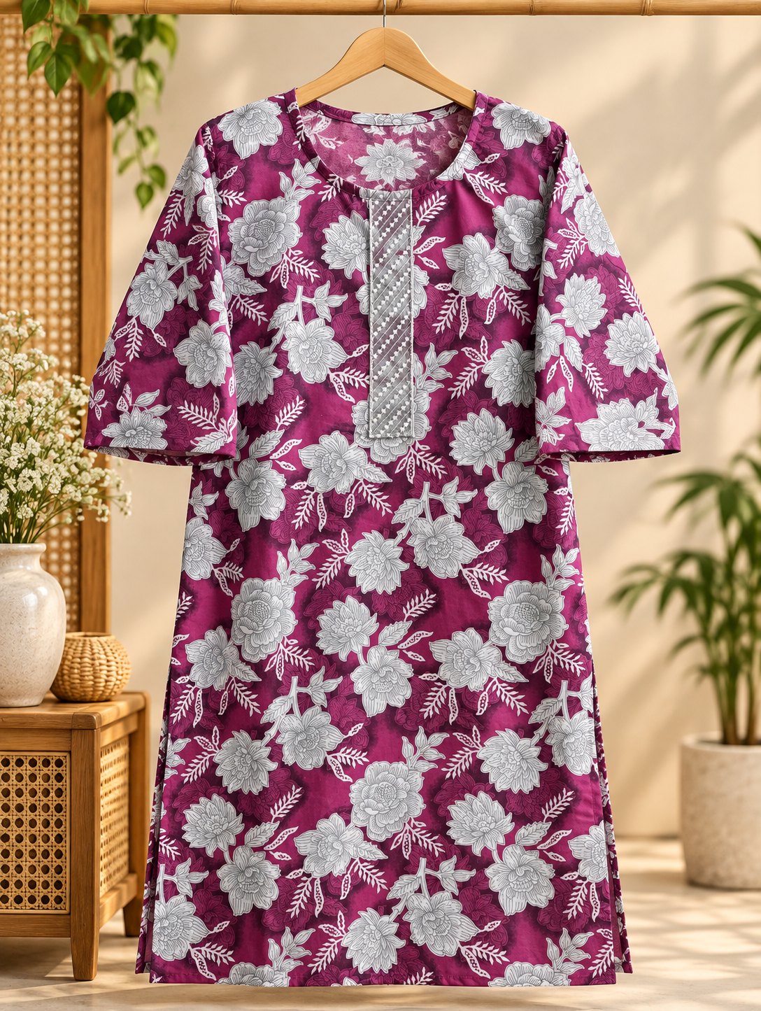 Gulbahar Plum Floral Print Embroidered Kurta Set by Theaoura