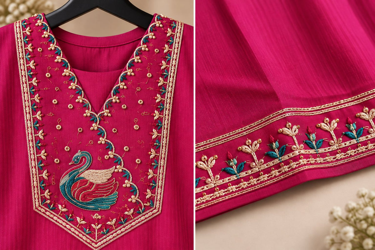 Hamsa Fuchsia Pink Swan Embroidered Kurta by Theaoura