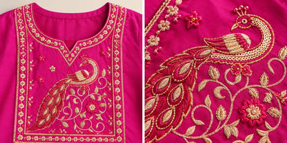Mayura Fuchsia Pink Peacock Embroidered Short Kurti by Theaoura