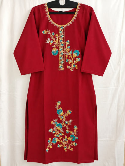 Laal Bagh Deep Red Floral Embroidered Suit Set by Theaoura