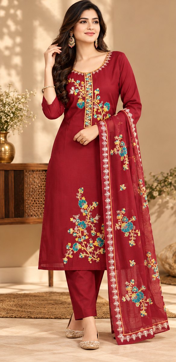 Laal Bagh Deep Red Floral Embroidered Suit Set by Theaoura