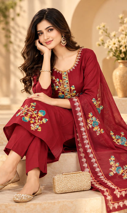 Laal Bagh Deep Red Floral Embroidered Suit Set by Theaoura