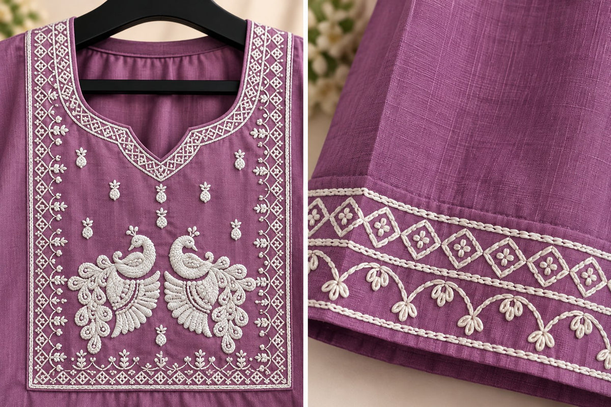 Lavanya Lilac Peacock Embroidered Kurta by Theaoura