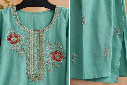 Firoza Aqua Floral Embroidered Suit Set by Theaoura