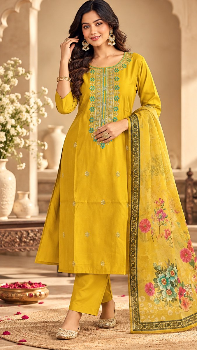 Basanti Mustard Yellow Embroidered Suit Set by Theaoura