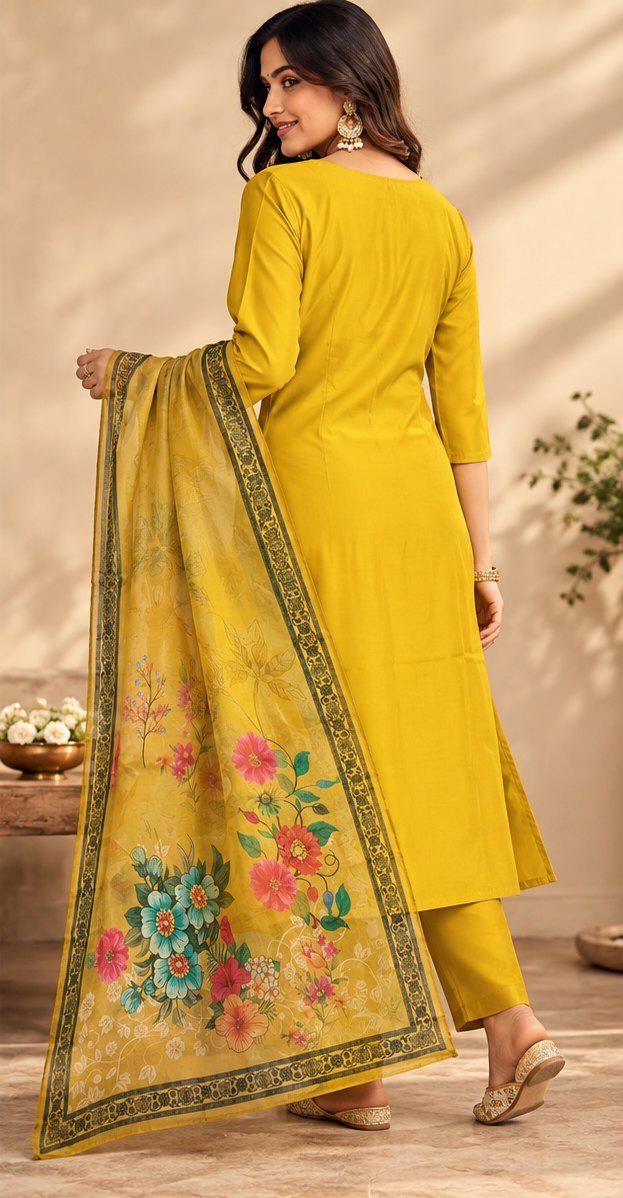 Basanti Mustard Yellow Embroidered Suit Set by Theaoura