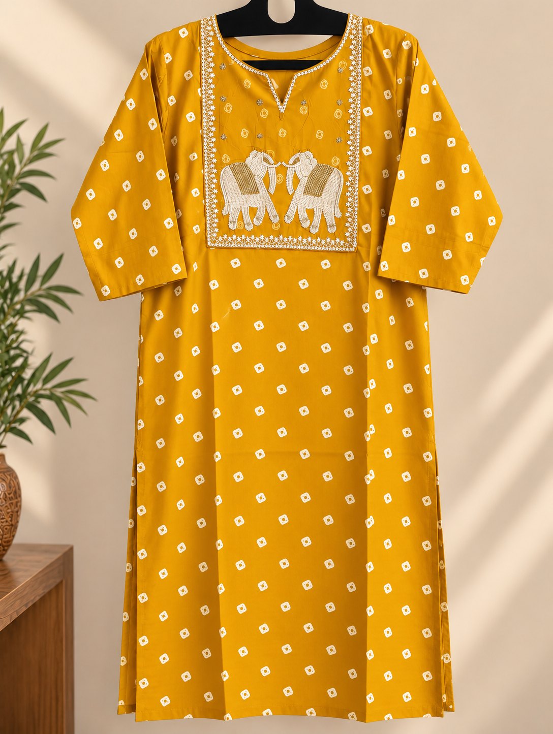 Gajara Mustard Yellow Elephant Embroidered Kurta by Theaoura