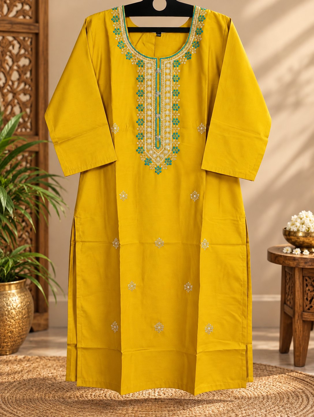 Basanti Mustard Yellow Embroidered Suit Set by Theaoura
