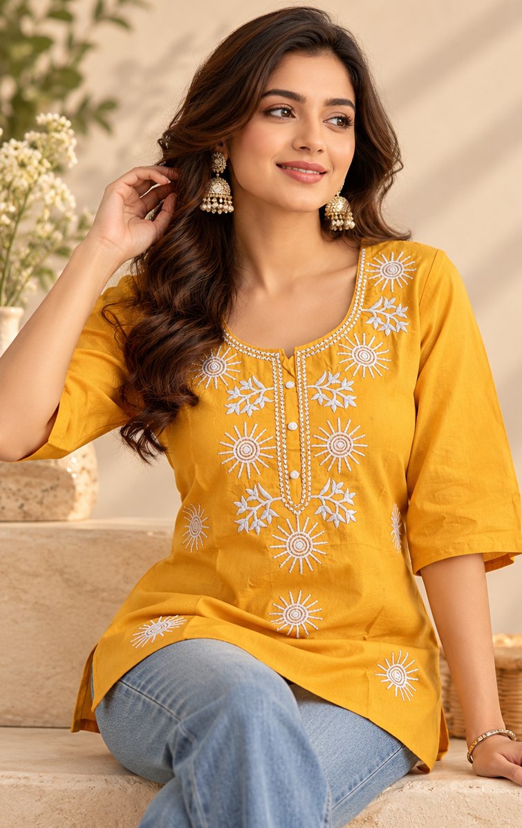 Sona Mustard Yellow Embroidered Short Kurti by Theaoura