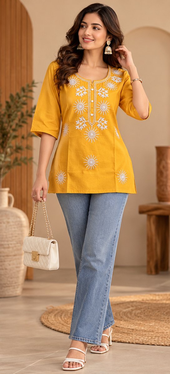Sona Mustard Yellow Embroidered Short Kurti by Theaoura