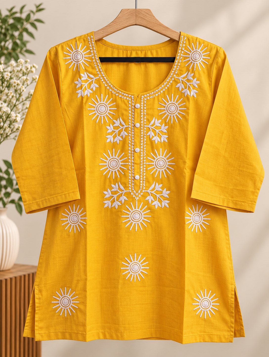 Sona Mustard Yellow Embroidered Short Kurti by Theaoura